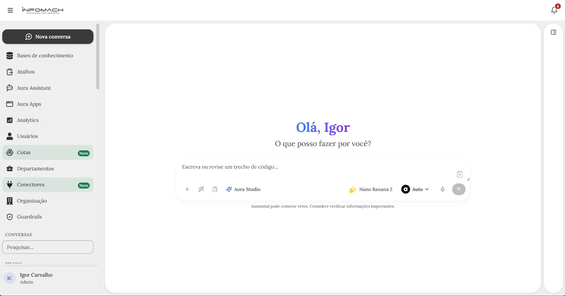 Interface da plataforma Auramind: assistente de conversa, bases de conhecimento e painel administrativo